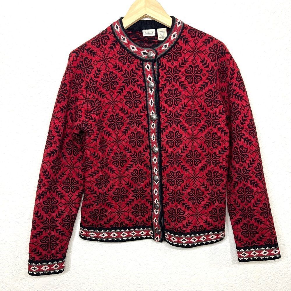 Vintage L.L Bean Wool Icelandic Red Cardigan Sweater Size S